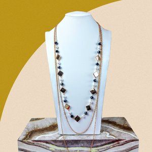 Gold Tone Three Strand Long Accented Statement Necklace